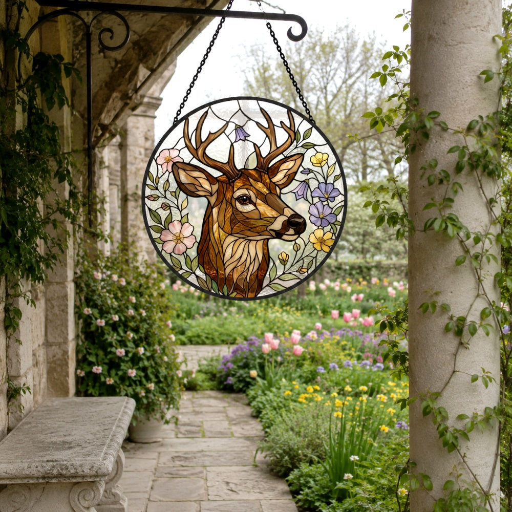 Stag with wildflowers stained glass suncatcher window hanging, suitable for home and garden decoration