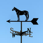 Standing horse metal weather vane with directional arrows and mounting rod, outdoor roof and garden decoration
