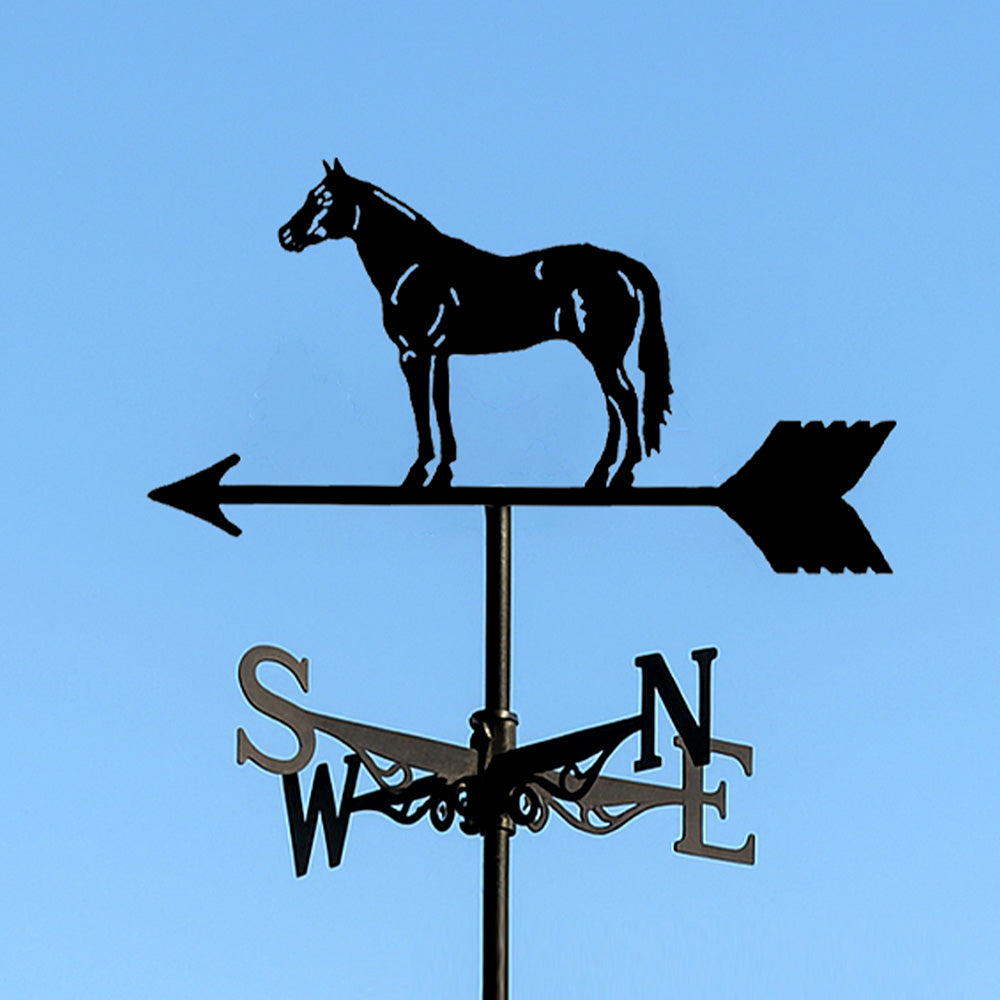 Standing horse metal weather vane with directional arrows and mounting rod, outdoor roof and garden decoration