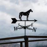 Standing horse metal weather vane with directional arrows and mounting rod, outdoor roof and garden decoration