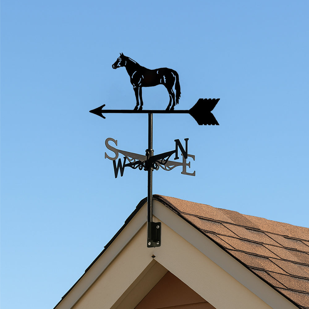Standing horse metal weather vane with directional arrows and mounting rod, outdoor roof and garden decoration