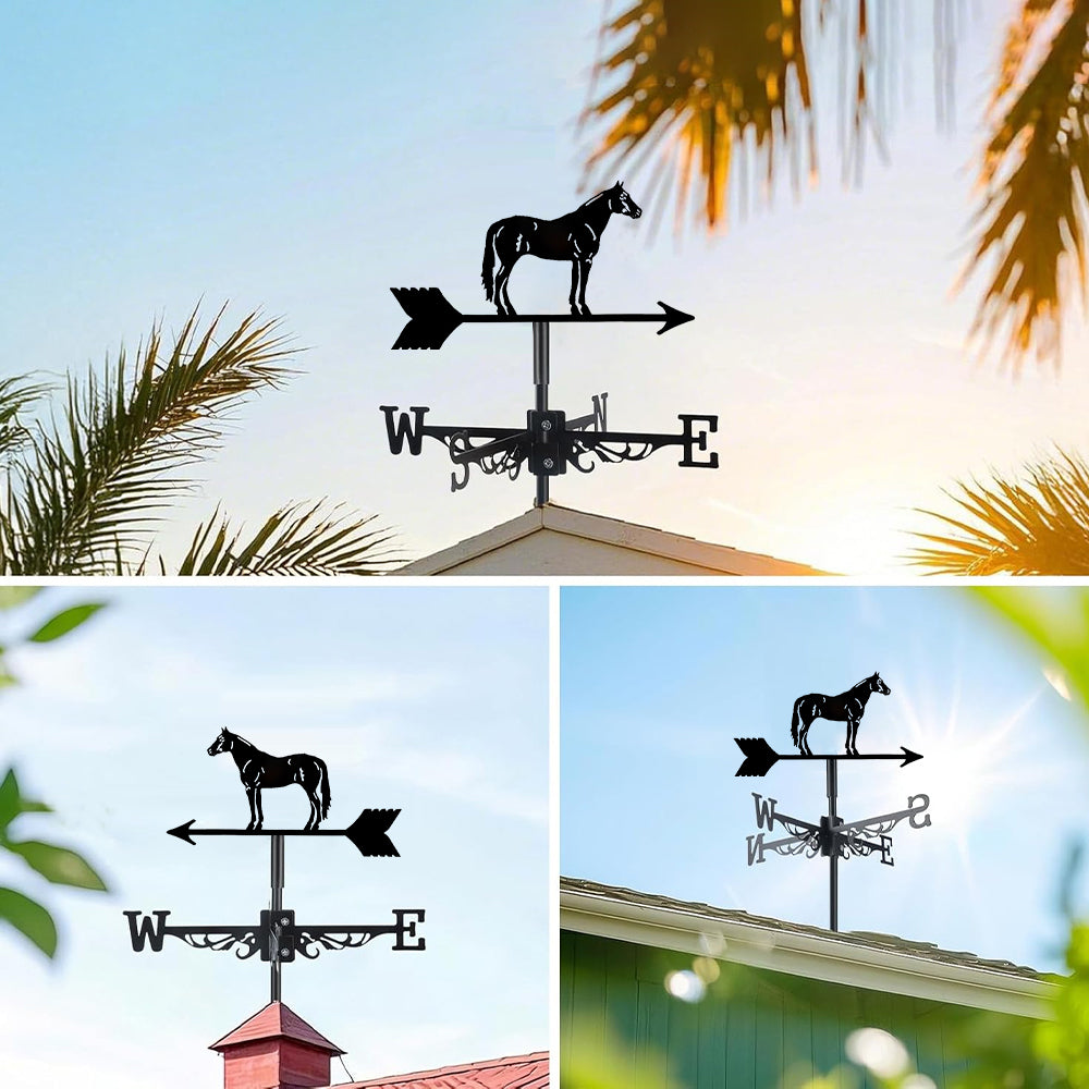 Standing horse metal weather vane with directional arrows and mounting rod, outdoor roof and garden decoration