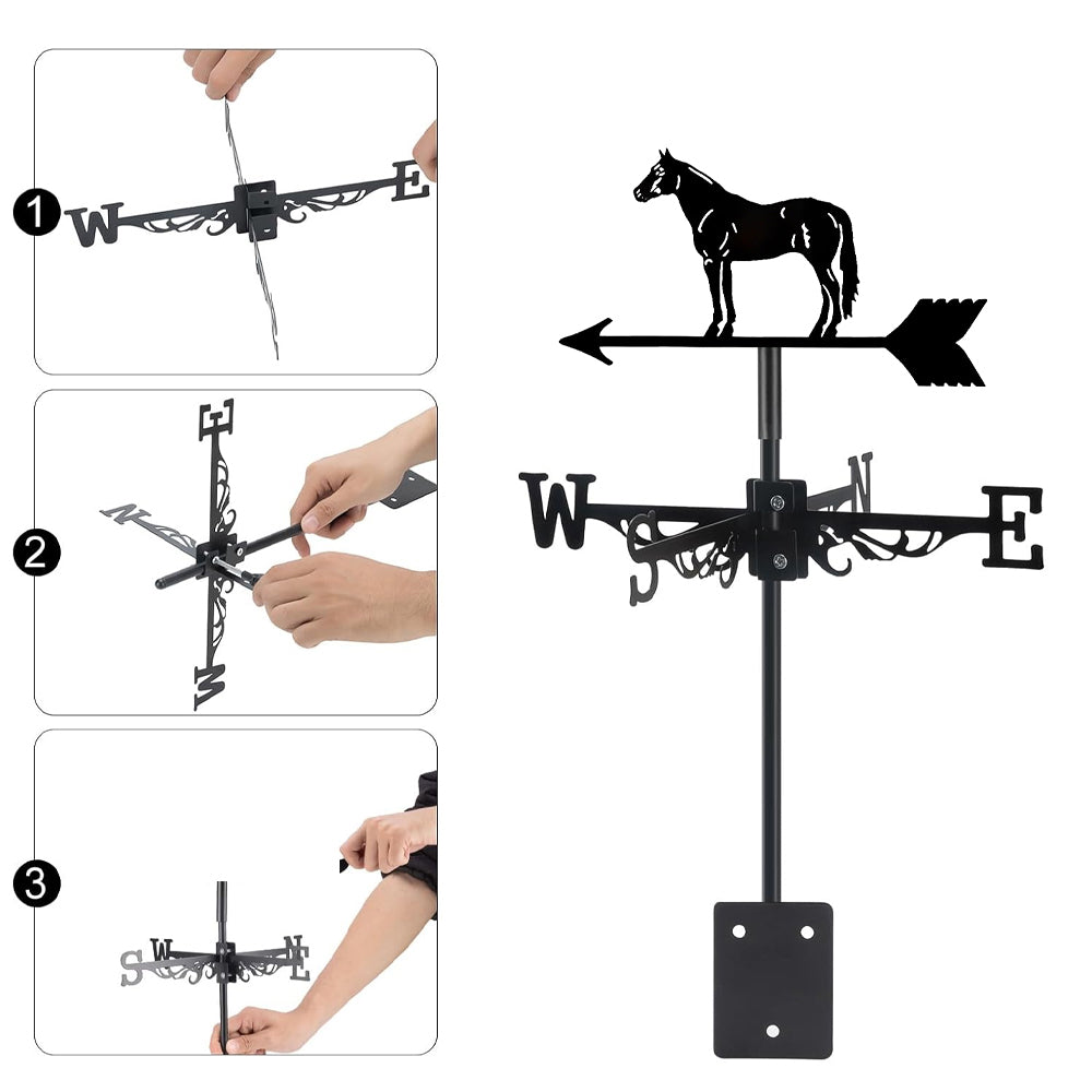 Standing horse metal weather vane with directional arrows and mounting rod, outdoor roof and garden decoration