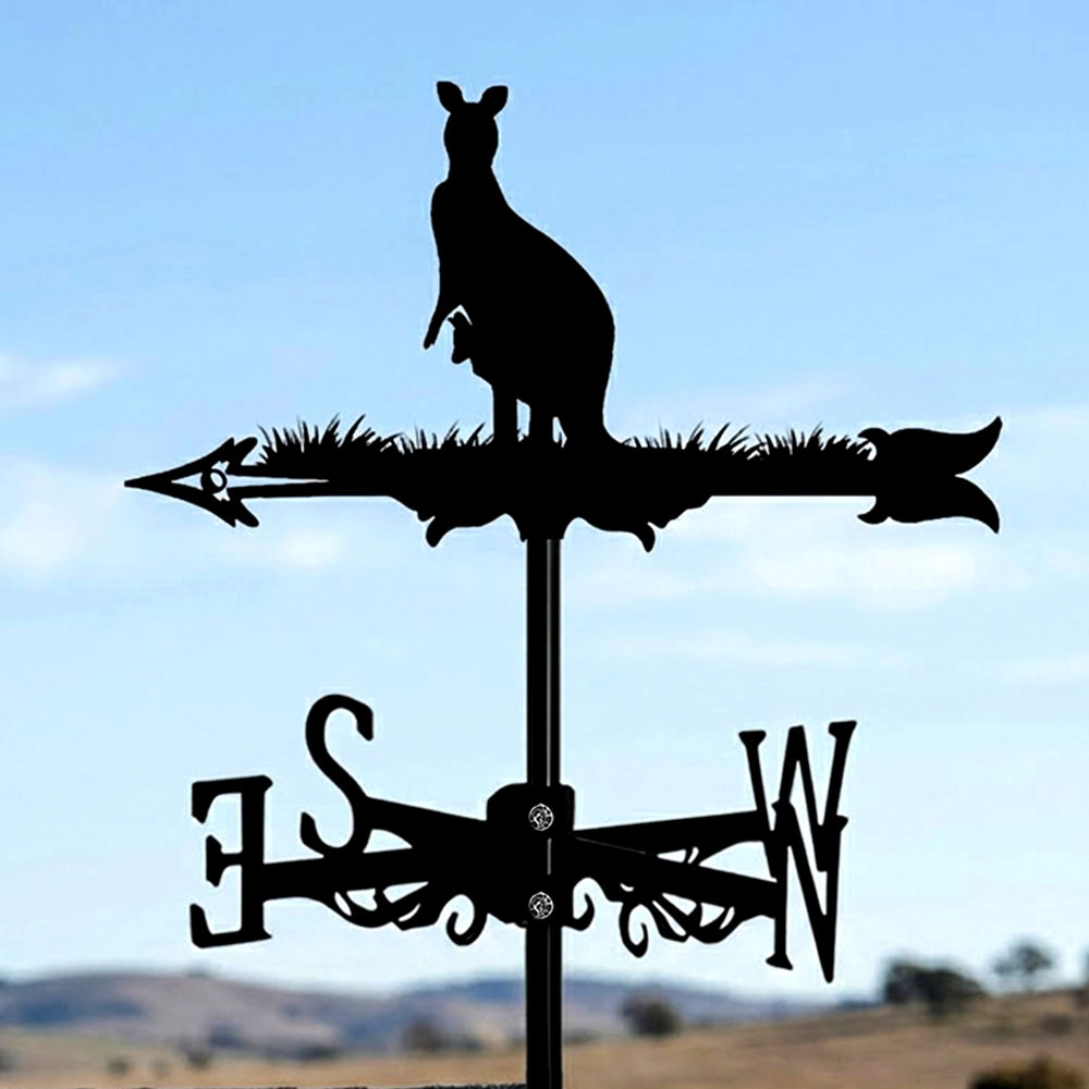 Standing kangaroo metal weather vane with directional arrows and mounting rod, outdoor roof and garden decoration