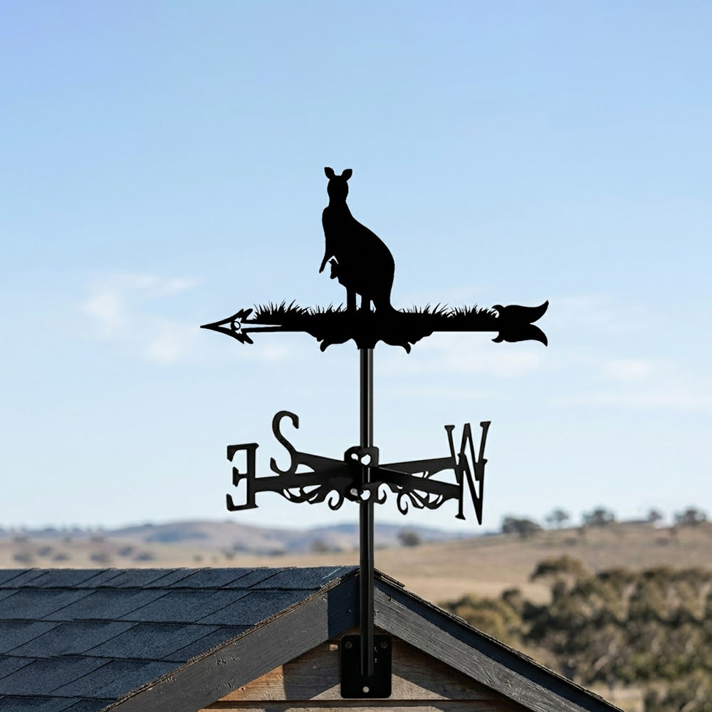 Standing kangaroo metal weather vane with directional arrows and mounting rod, outdoor roof and garden decoration