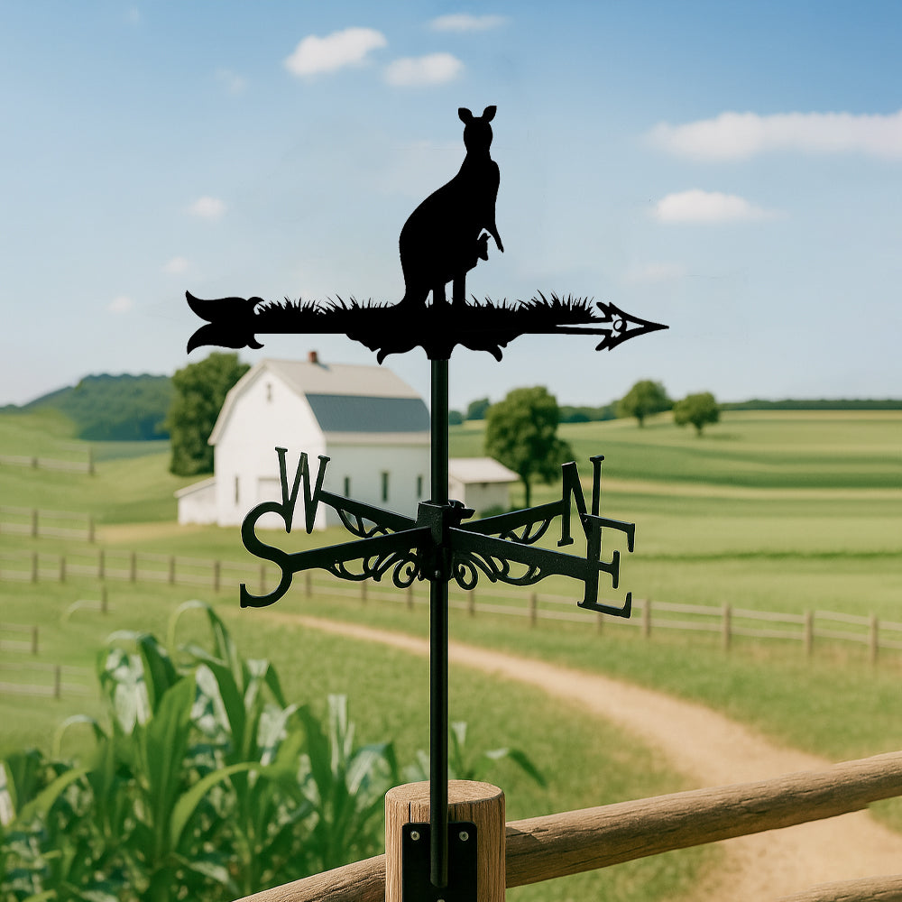 Standing kangaroo metal weather vane with directional arrows and mounting rod, outdoor roof and garden decoration