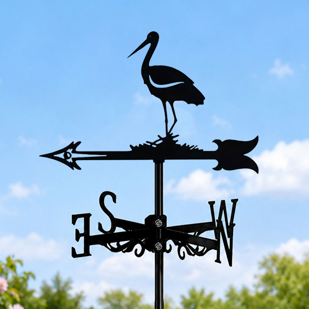 Stork on nest metal weather vane with directional arrows and mounting rod, outdoor roof and garden decoration
