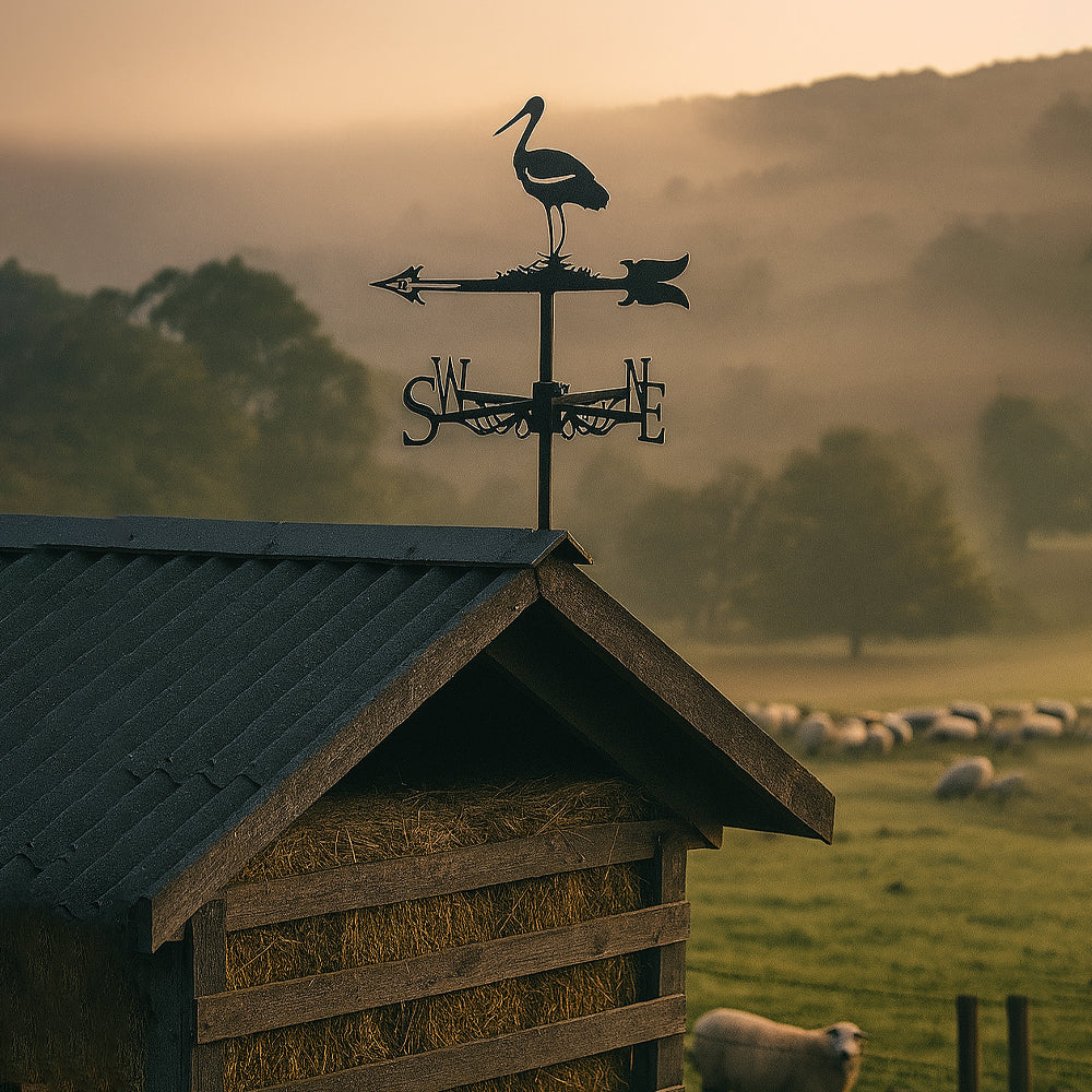 Stork on nest metal weather vane with directional arrows and mounting rod, outdoor roof and garden decoration