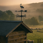 Stork on nest metal weather vane with directional arrows and mounting rod, outdoor roof and garden decoration