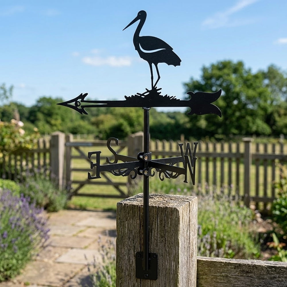 Stork on nest metal weather vane with directional arrows and mounting rod, outdoor roof and garden decoration
