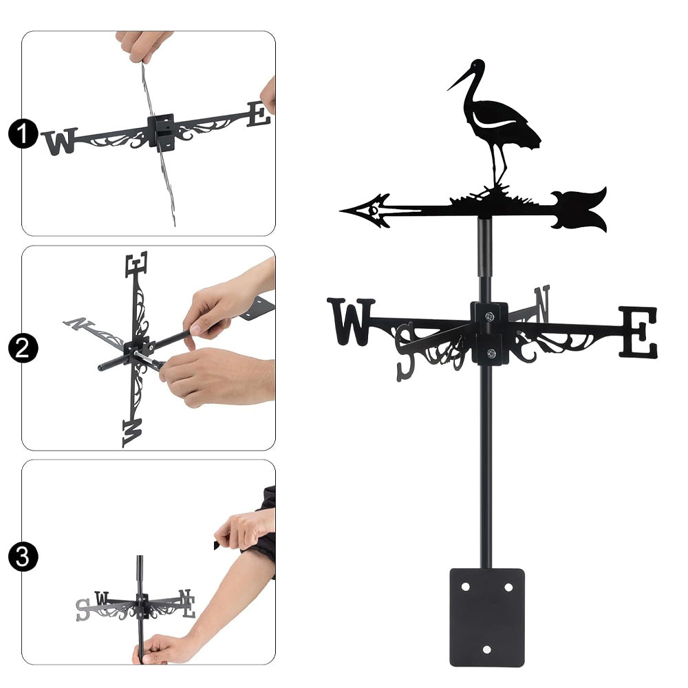 Stork on nest metal weather vane with directional arrows and mounting rod, outdoor roof and garden decoration