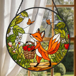 strawberry garden fox stained glass suncatcher window hanging, suitable for home and garden decoration.