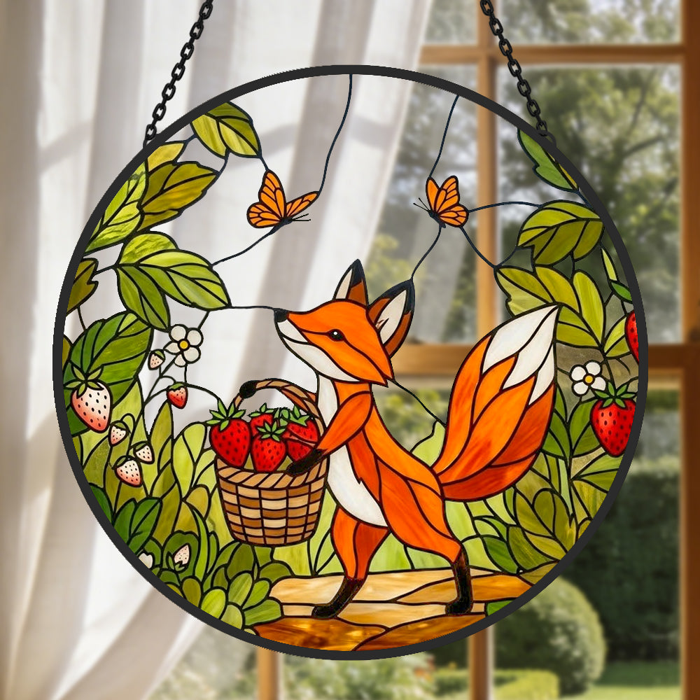 strawberry garden fox stained glass suncatcher window hanging, suitable for home and garden decoration.