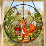 strawberry garden fox stained glass suncatcher window hanging, suitable for home and garden decoration.