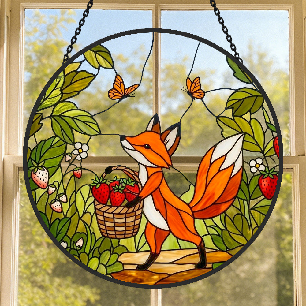 strawberry garden fox stained glass suncatcher window hanging, suitable for home and garden decoration.
