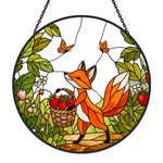strawberry garden fox stained glass suncatcher window hanging, suitable for home and garden decoration.