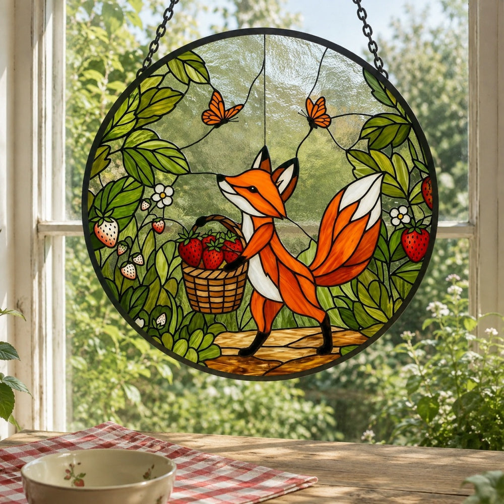 Strawberry garden fox stained glass suncatcher window hanging, suitable for home and garden decoration