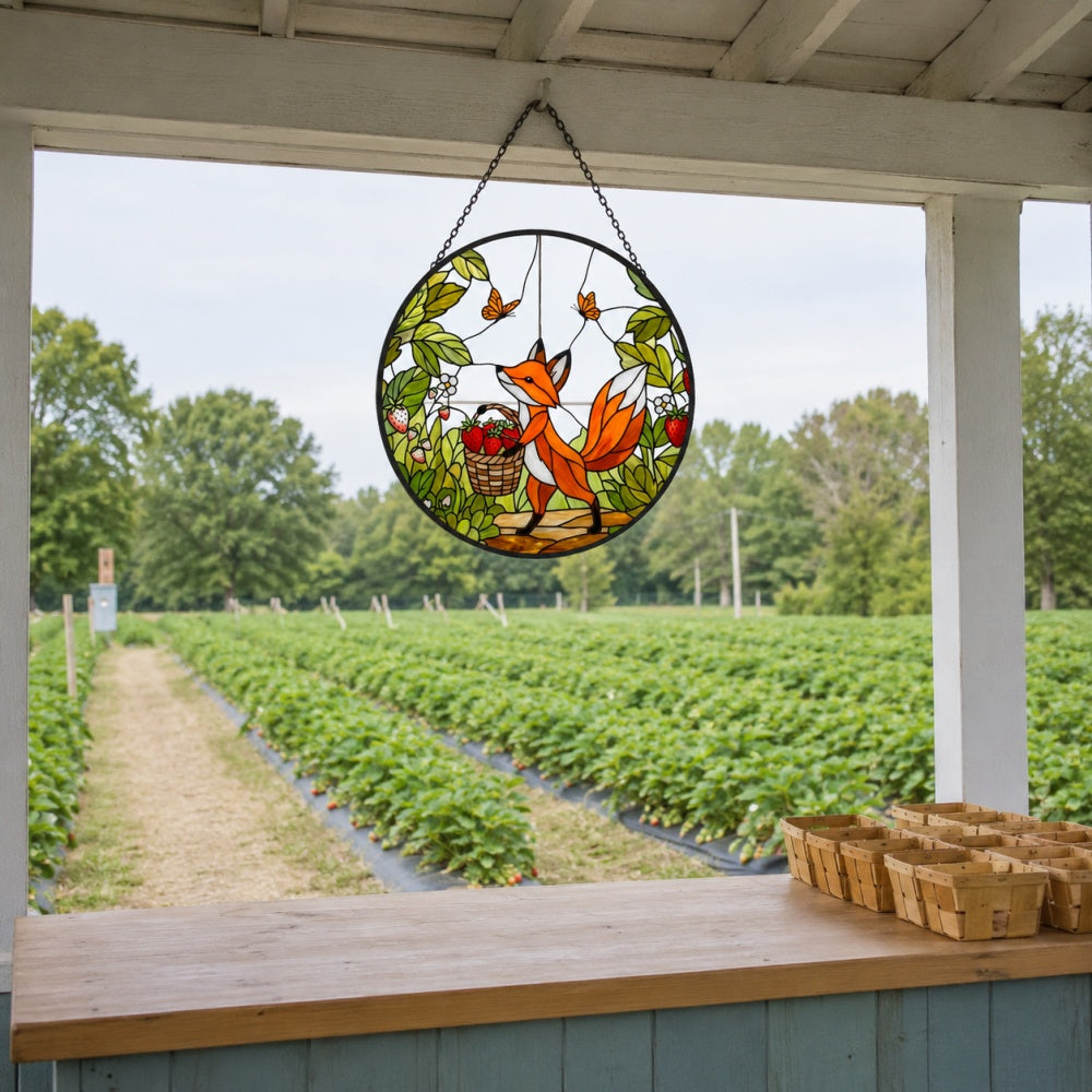 Strawberry garden fox stained glass suncatcher window hanging, suitable for home and garden decoration