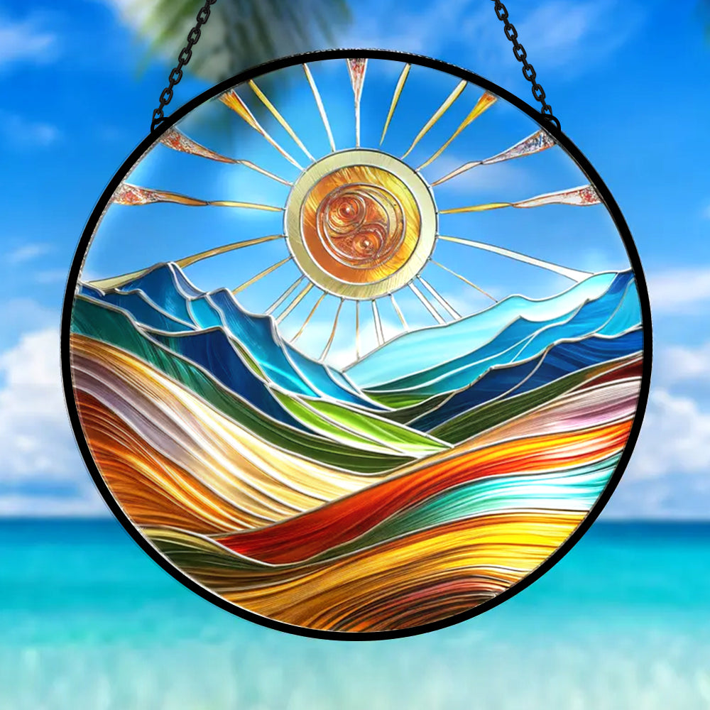 Sunburst mountain valley stained glass suncatcher window hanging, suitable for home and garden decoration