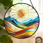 Sunburst mountain valley stained glass suncatcher window hanging, suitable for home and garden decoration