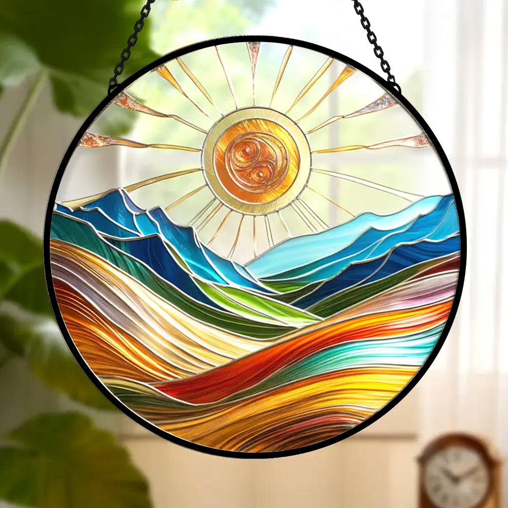 Sunburst mountain valley stained glass suncatcher window hanging, suitable for home and garden decoration