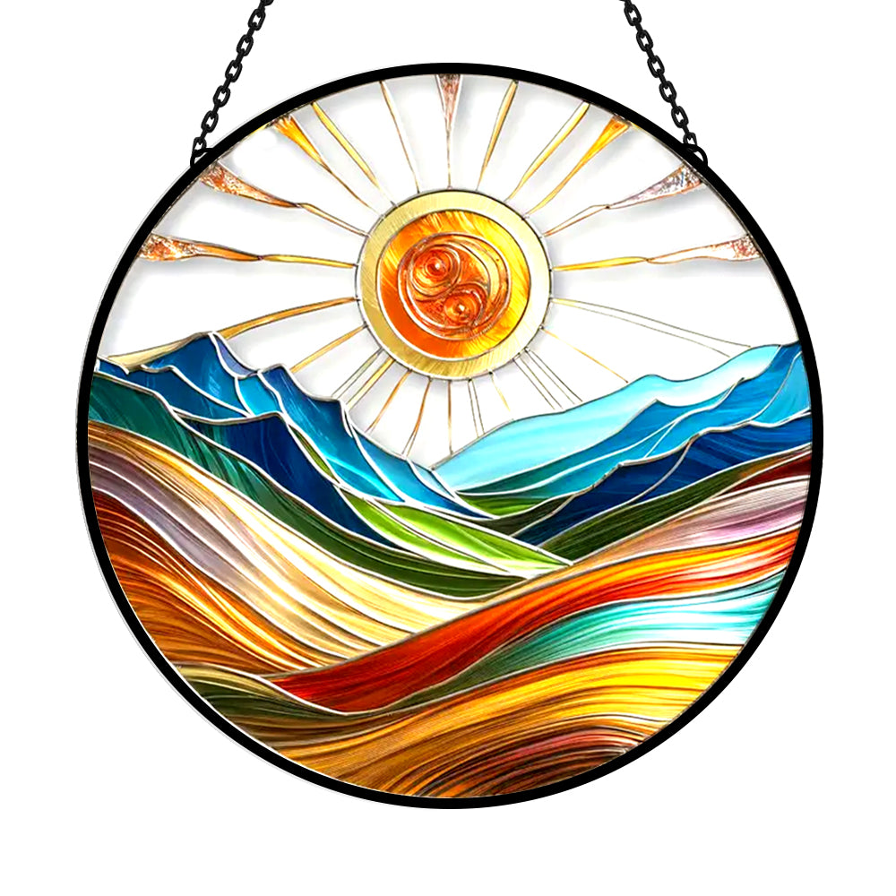 Sunburst mountain valley stained glass suncatcher window hanging, suitable for home and garden decoration