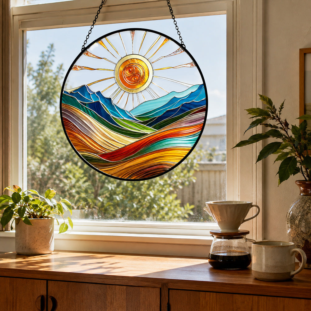 Sunburst mountain valley stained glass suncatcher window hanging, suitable for home and garden decoration