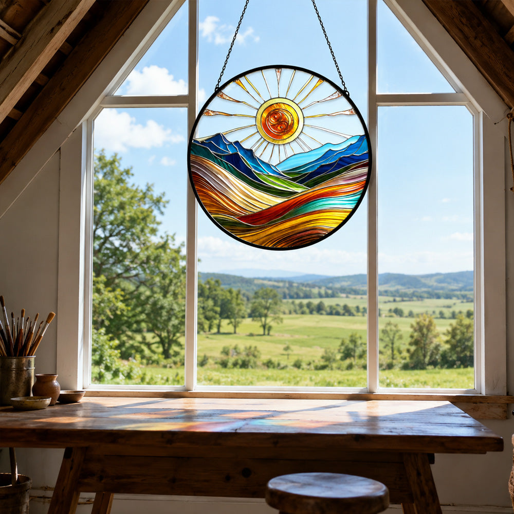 Sunburst mountain valley stained glass suncatcher window hanging, suitable for home and garden decoration
