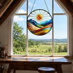 Sunburst mountain valley stained glass suncatcher window hanging, suitable for home and garden decoration