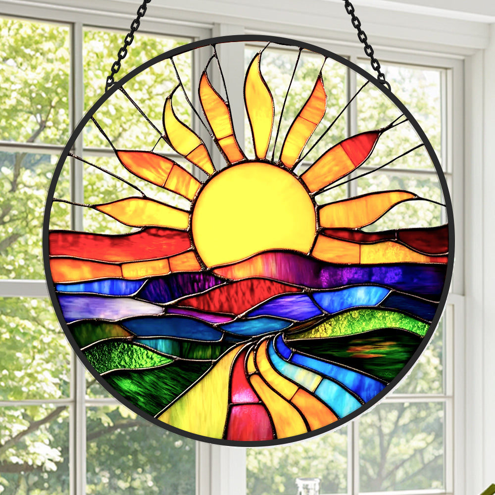 Sunburst rainbow road landscape stained glass suncatcher window hanging, suitable for home and garden decoration