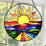 Sunburst rainbow road landscape stained glass suncatcher window hanging, suitable for home and garden decoration