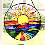 Sunburst rainbow road landscape stained glass suncatcher window hanging, suitable for home and garden decoration