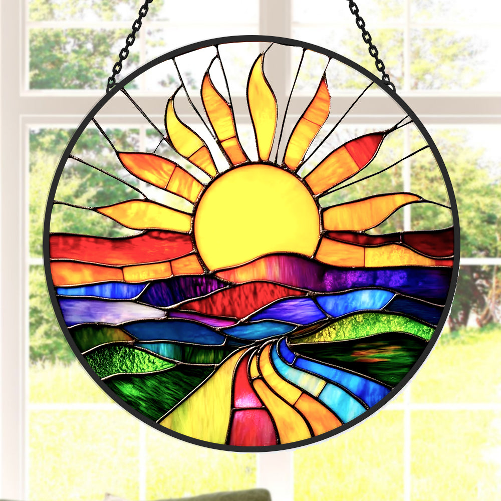 Sunburst rainbow road landscape stained glass suncatcher window hanging, suitable for home and garden decoration