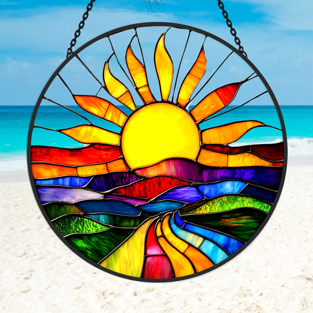 Sunburst rainbow road landscape stained glass suncatcher window hanging, suitable for home and garden decoration