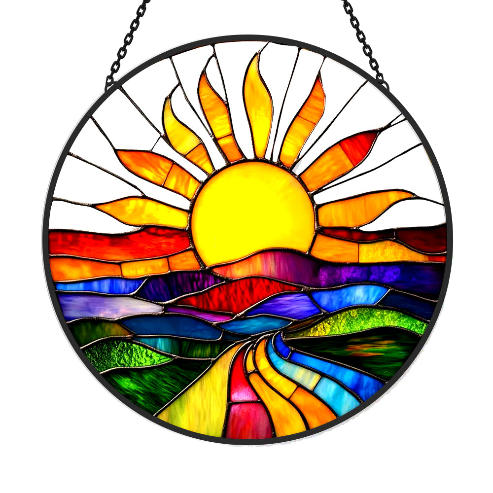 Sunburst rainbow road landscape stained glass suncatcher window hanging, suitable for home and garden decoration