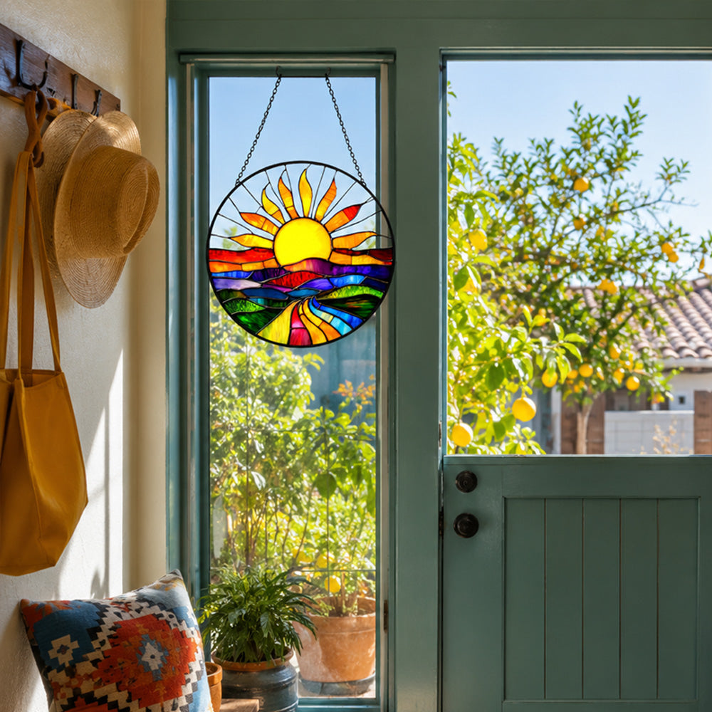Sunburst rainbow road landscape stained glass suncatcher window hanging, suitable for home and garden decoration