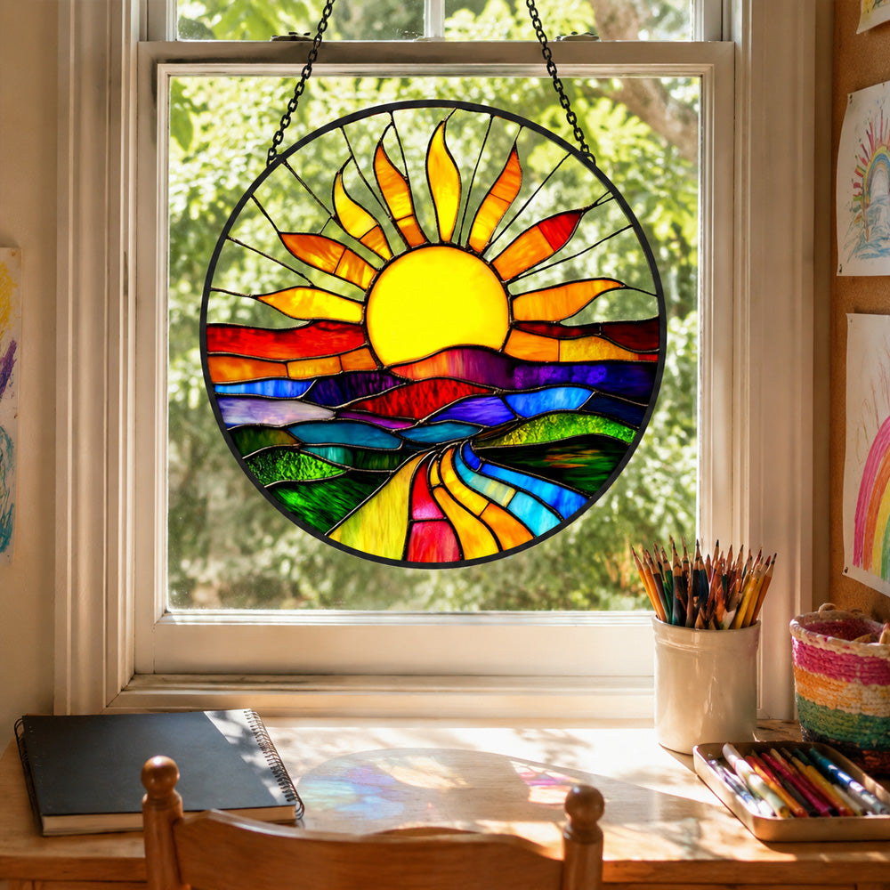 Sunburst rainbow road landscape stained glass suncatcher window hanging, suitable for home and garden decoration