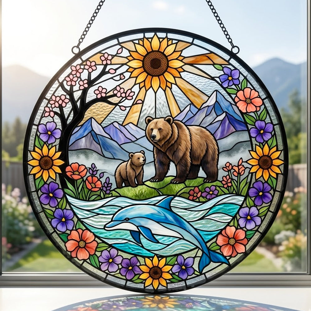 sunflower bear and dolphin stained glass suncatcher window hanging, suitable for home and garden decoration.