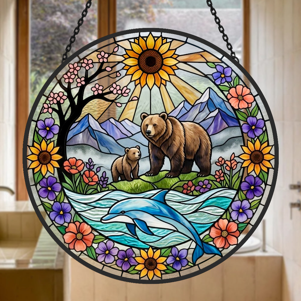 sunflower bear and dolphin stained glass suncatcher window hanging, suitable for home and garden decoration.