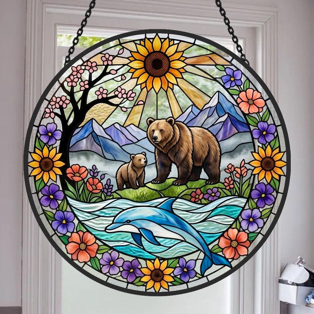 sunflower bear and dolphin stained glass suncatcher window hanging, suitable for home and garden decoration.