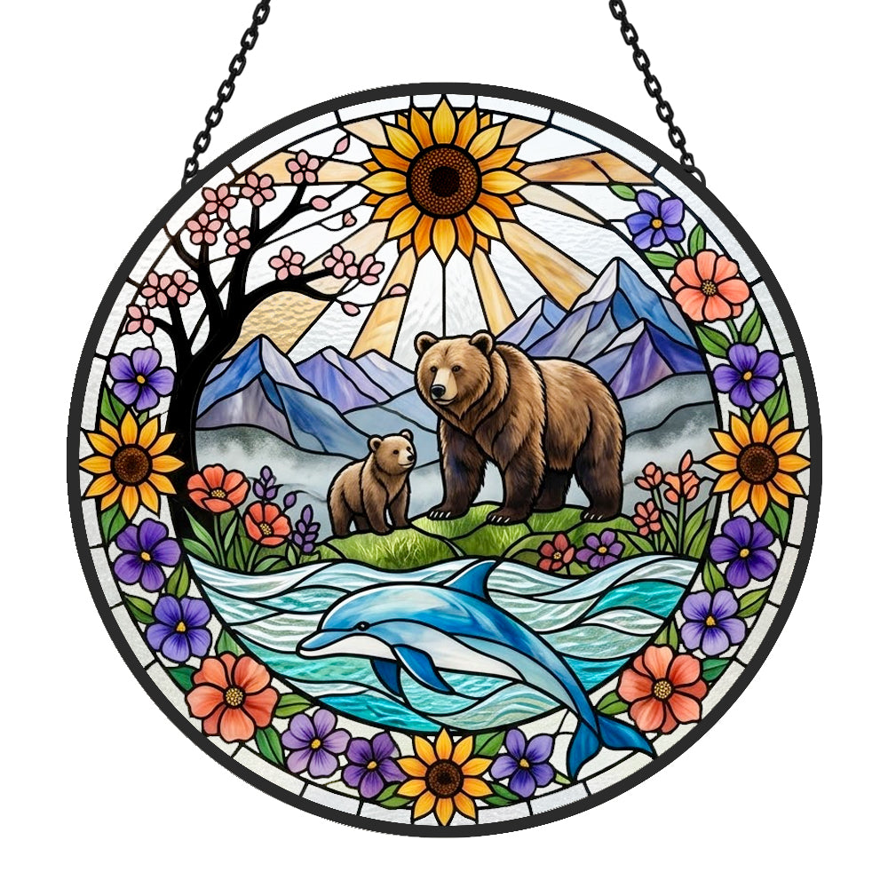sunflower bear and dolphin stained glass suncatcher window hanging, suitable for home and garden decoration.