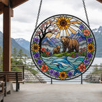 Sunflower bear and dolphin stained glass suncatcher window hanging, suitable for home and garden decoration