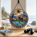Sunflower bear and dolphin stained glass suncatcher window hanging, suitable for home and garden decoration