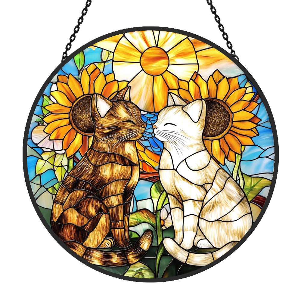 Sunflower cats stained glass suncatcher window hanging, suitable for home and garden decoration