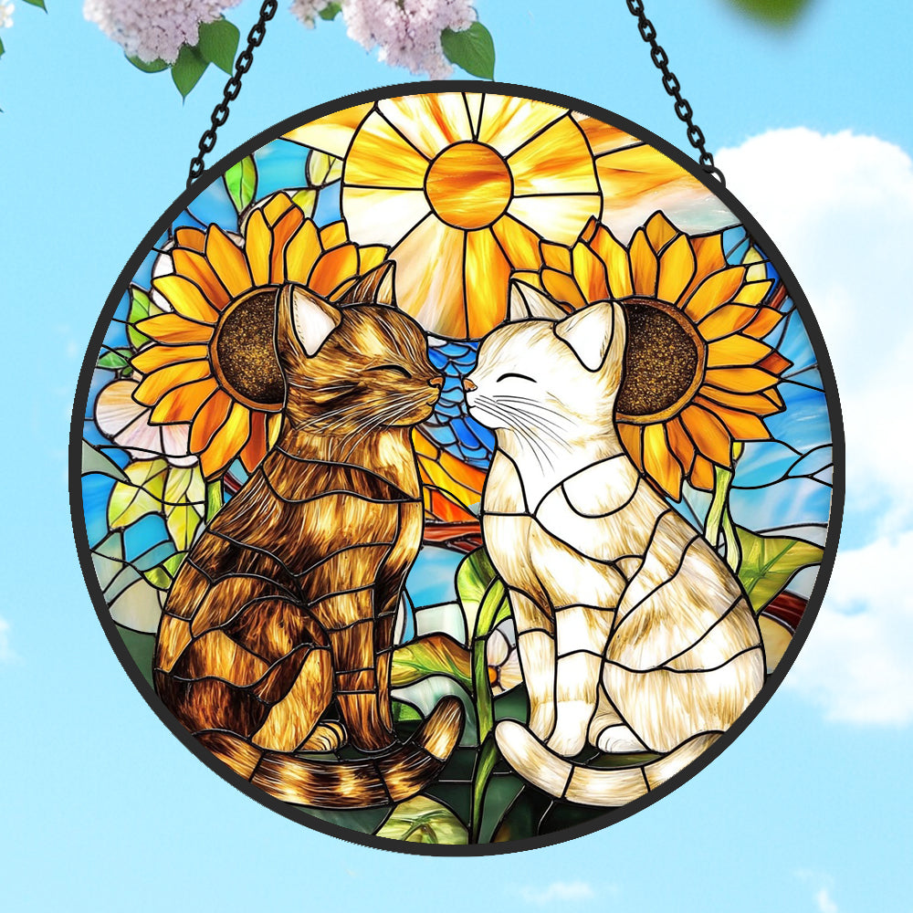 Sunflower cats stained glass suncatcher window hanging, suitable for home and garden decoration