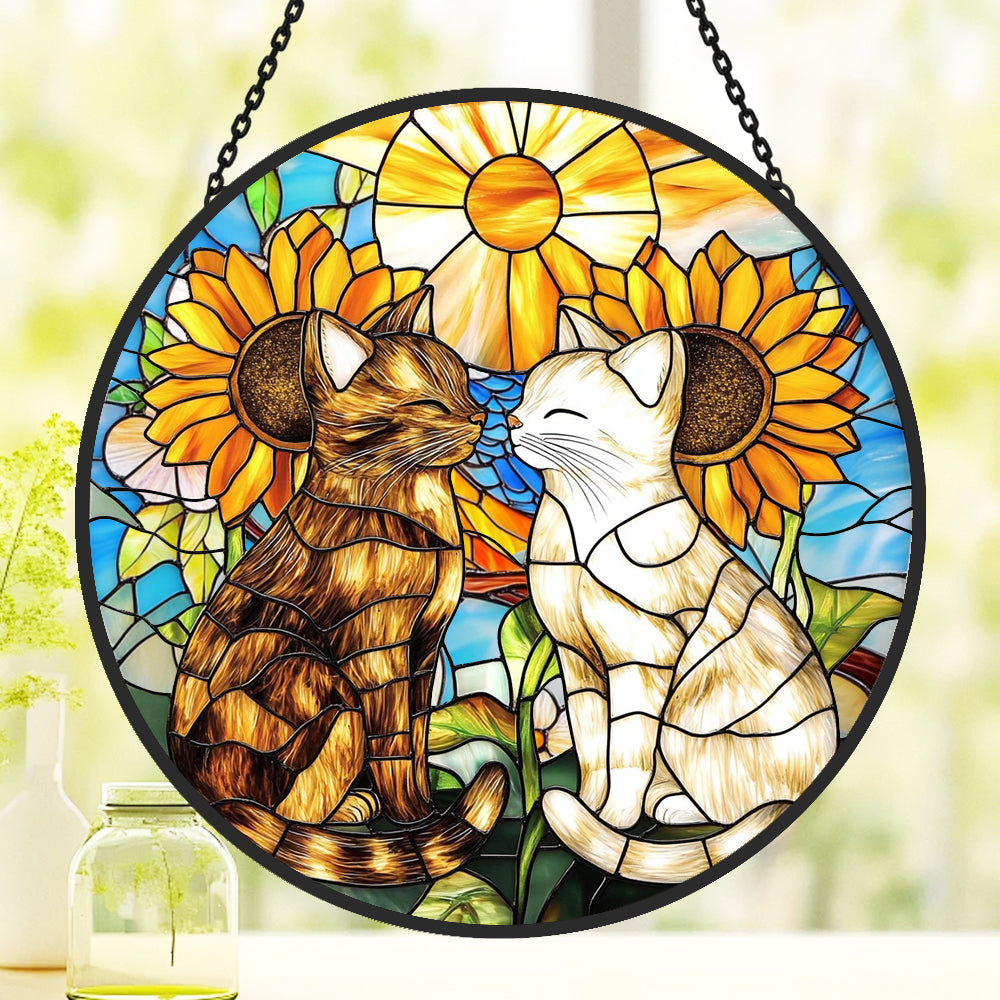 Sunflower cats stained glass suncatcher window hanging, suitable for home and garden decoration