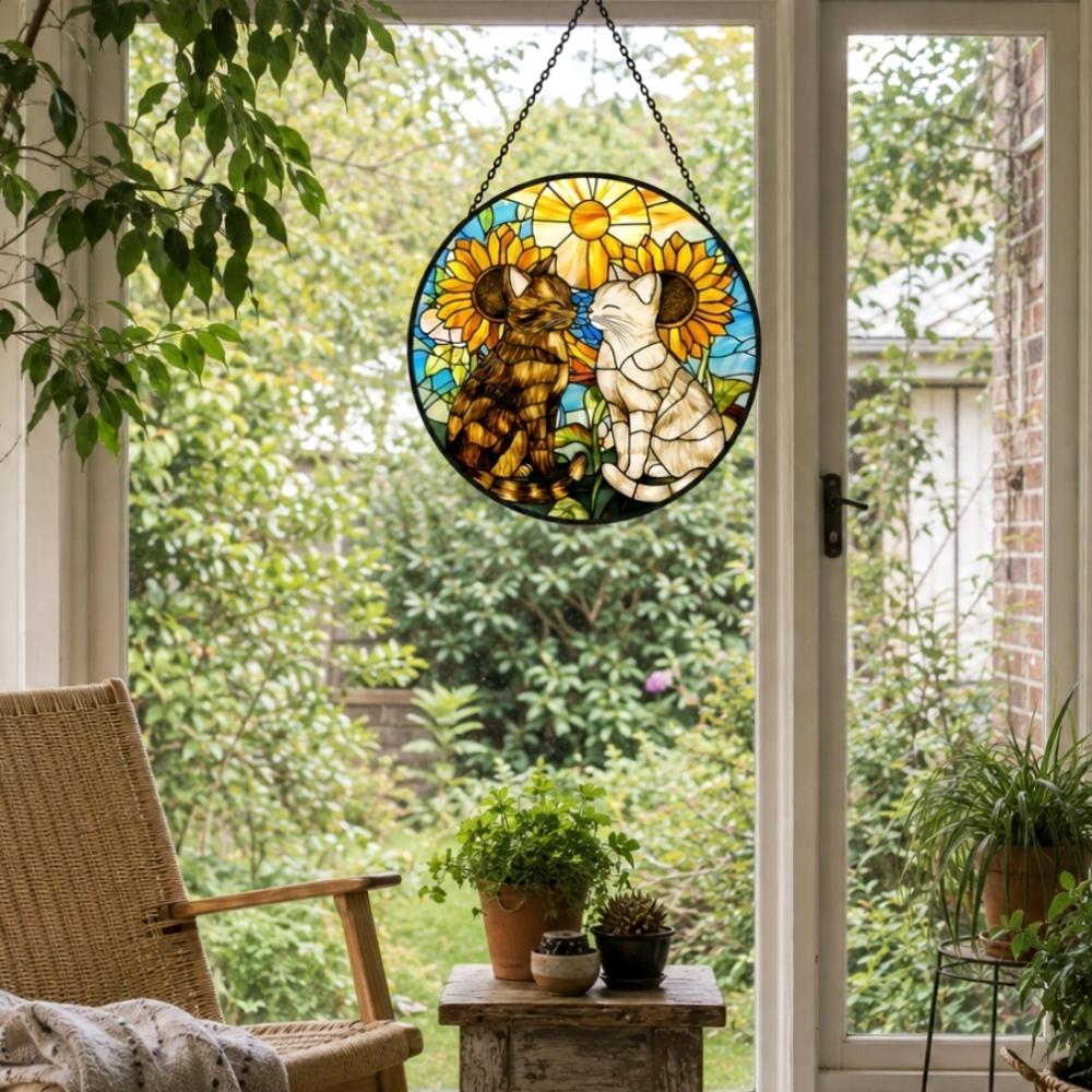 Sunflower cats stained glass suncatcher window hanging, suitable for home and garden decoration