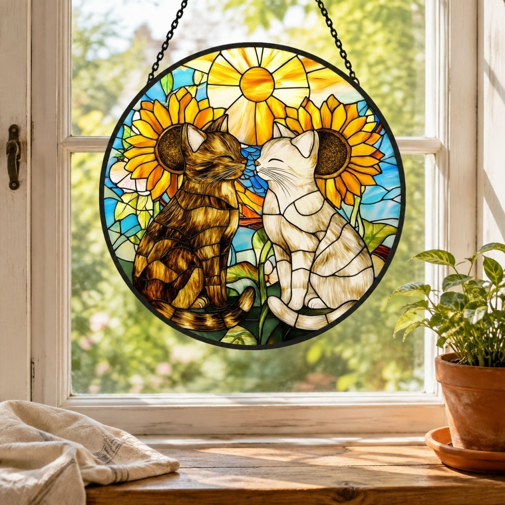Sunflower cats stained glass suncatcher window hanging, suitable for home and garden decoration