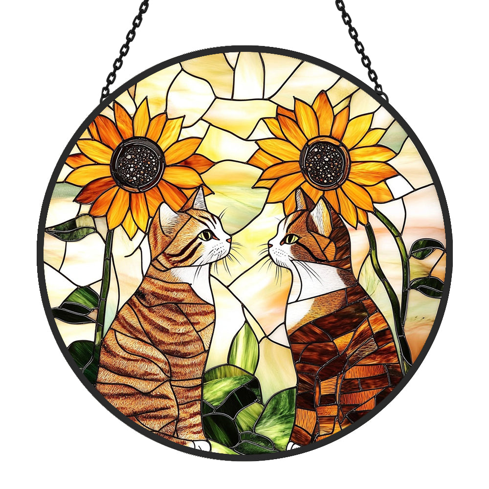 Sunflower cats stained glass suncatcher window hanging, suitable for home and garden decoration