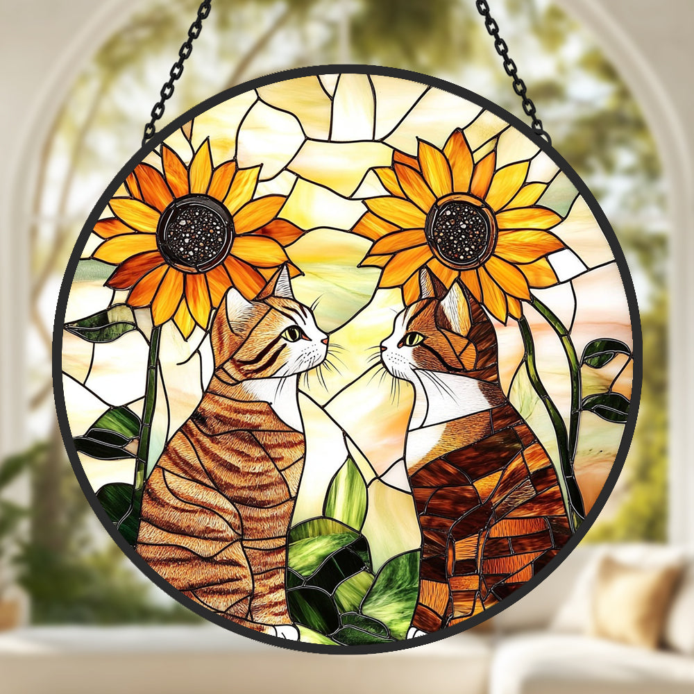 Sunflower cats stained glass suncatcher window hanging, suitable for home and garden decoration